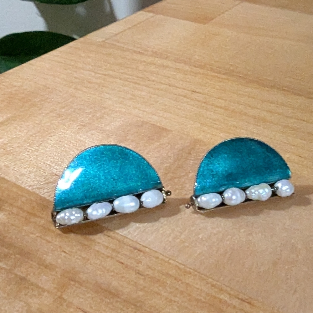 Freshwater Pearls & Green Enameled Post Earrings 925 Sterling, Gold Vermeil
